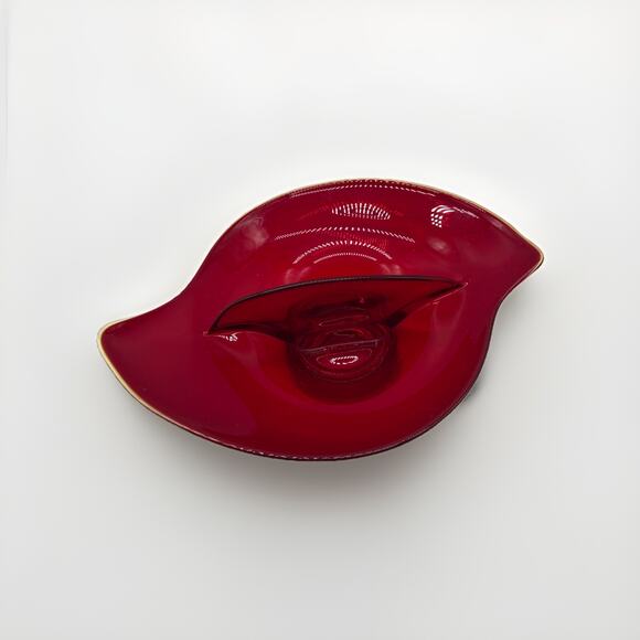 Vtg Viking Ruby Red Glass Divided Dish Nut Bowl Trinket Rim UV Glows 8X6in - Picture 2 of 5